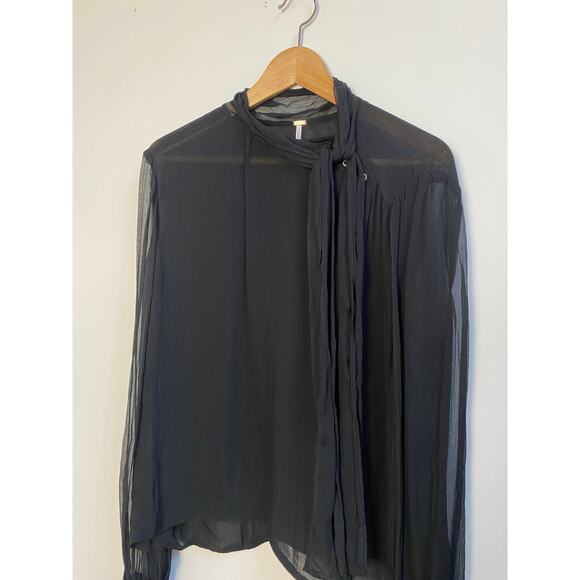 Free People Long Sleeve Button Down Blouse w Neck Tie - Picture 2 of 5